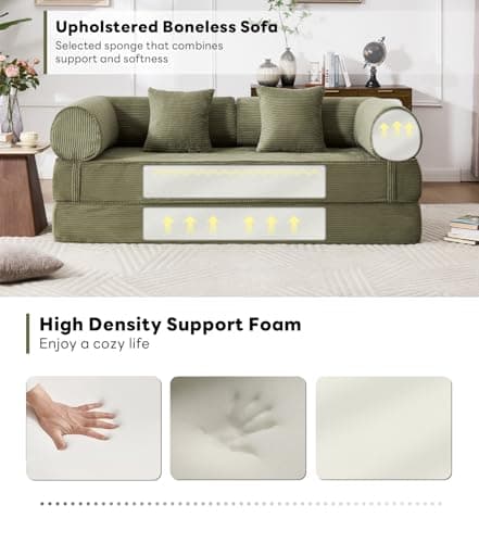 Tbfit 79'' Folding Boneless Couch, Oversized Corduroy Convertible Sofa Bed, Futon Mattress Sleeper Sofa, Comfy Foldable Upholstered Floor Couches for Living Room, Green - Thumbnail 6