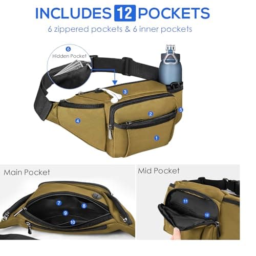 NOOLA Fanny Pack Waist Bag for Men Women, Lightweight Waist Pack with Water Bottle Holder, Adjustable Belt Bag with Multi-Pockets for Hiking, Dog Walking, Outdoor, Cycling, Running, Travel, Khaki - Thumbnail 5