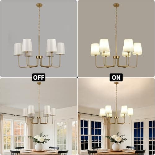 Omgomne Brushed Gold Farmhouse Chandelier with White Fabric Shades, 29.5” 5-Light Modern Dining Room Light, Vintage Rustic Hanging Pendant Lamp for Kitchen Island, Bedroom, Living Room, E12 Base - Thumbnail 2