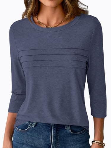 NORACORA 3/4 Length Sleeve Womens Tops Spring Fall Fashion Tops 2025 Dressy Casual Blouses Trendy Pleated Tunic Outfits Tee Tshirts Navy Blue XXL - Thumbnail 2