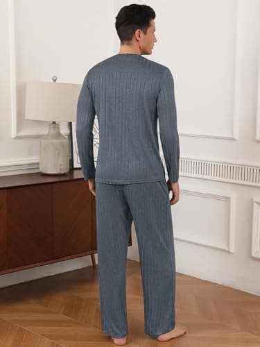 RQP Mens Pajama Set Soft Pijamas Sets for Men Long Sleeve Full Length Pants Pjs Sleepwear,Slate Grey - Thumbnail 6