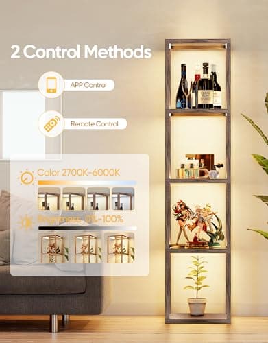 PARTPHONER Floor Lamp Glass Display Shelf with Remote/APP Control, Dimmable LED Floor Lamp with Shelves, Open Display Cabinet, Color Temp Control (2700K-6000K), Oak Gray - Thumbnail 2