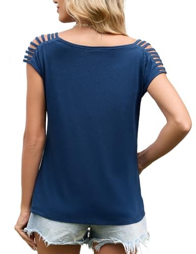 JUSTFASHIONNOW Womens Off The Shoulder Shirts Cap Sleeve Tops Cute Summer Blouses Trendy Casual Loose Fit T Shirt Going Out Tops (Navy Blue,Small) - Thumbnail 6