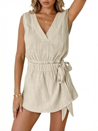 Wenrine Womens Sleeveless V Neck Romper Skort Mini Dress Linen Tie Waist Shorts Jumpsuit Loose Vacation Outfits Apricot - Image 1