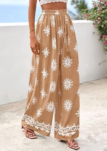 PRETTYGARDEN Women's Wide Leg Palazzo Pants 2026 Summer Boho Floral Trousers Spring Flowy Beach Vacation Clothes Resort Wear (Khaki,XX-Large) - Thumbnail 6