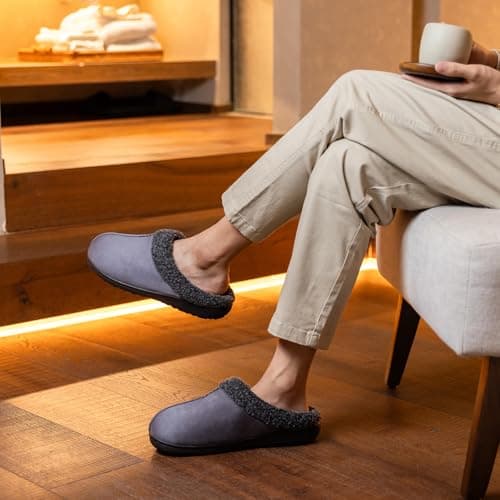 GOEWY House Slippers for Men with Memory Foam Indoor Outdoor Moccasin House Shoes Warm Slip On with Non-Slip Sole Gifts For Men Him Dad Grey 11 12 - Thumbnail 2