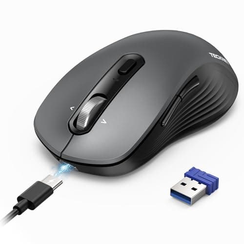 TECKNET Rechargeable Bluetooth Mouse, [ USB + BT5.0 + BT3.0 ] Wireless Mouse, Ergonomic 4-Way Scroll Wheel Computer Mice, 6-Level 4800 DPI Silent Mice, Multi-Device for Computer/Laptop/MacBook - Grey