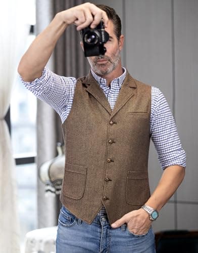 AeoTeokey Men's Tweed Suit Vest Western Herringbone Wool Casual Waistcoat for Groomsman (Silver,Small) - Thumbnail 3