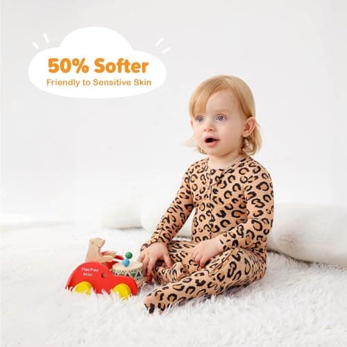 Baby One-Piece Footies Long Sleeve Rompers 2-Way Zipper, Baby Bodysuit Bamboo Clothes for Boys Girls (Leopard Print, Newborn) - Thumbnail 2
