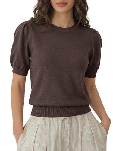 LaGracia Womens Cropped Sweater Puff Short Sleeve Spring Summer Work Tops Crew Neck Sweaters Light Coffee S - Image 1