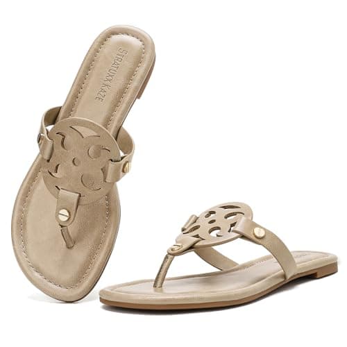 Stratuxx Kaze Women's Dressy Faux Leather Thong Sandals with Memory Foam,Comfy Beach Slides Slip On Flat Sandals for Women - Image 1