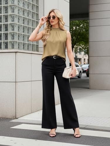 Funlingo Satin Camisole for Women Summer Dressy Casual Blouses Mock Neck Basic Tops Sleeveless Winter Date Night Undershirt Khaki S - Thumbnail 6