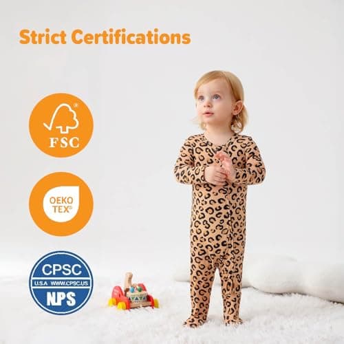Baby One-Piece Footies Long Sleeve Rompers 2-Way Zipper, Baby Bodysuit Bamboo Clothes for Boys Girls (Leopard Print, Newborn) - Thumbnail 6