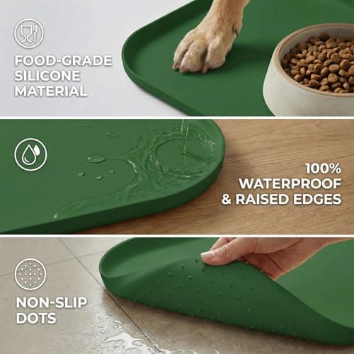BLESWIN Waterproof Silicone Pet Feeding Mat Green with Raised Edge,24" x 16"Non-Skid Spill Proof Dog Bowl Mats, Easy Clean Cat Bowls Placemat for Cats and Dogs - Thumbnail 4