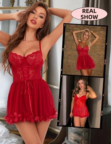 Tidouk Babydoll Lingerie for Women Sexy Lace Lingerie Dress A-line Petal Hem Nighty Push up Lingerie(Red,Small) - Thumbnail 5