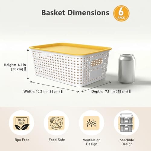 AREYZIN 6 Pack Plastic Storage Bins with Lid,Stackable Storage Bins and Storage Baskets for Shelves,Small Baskets for Organizing, Small Storage Bins,10.2x7.2x4.1 Inch, White - Thumbnail 2