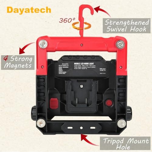 DAYATECH 20W 3000LM Cordless LED Work Light, Compatible with Dewalt, Milwaukee and Makita 18-21 V Battery, Foldable Magnetic Base, Brightness Dimmable (Light Only/Charger Not Included) - Thumbnail 5