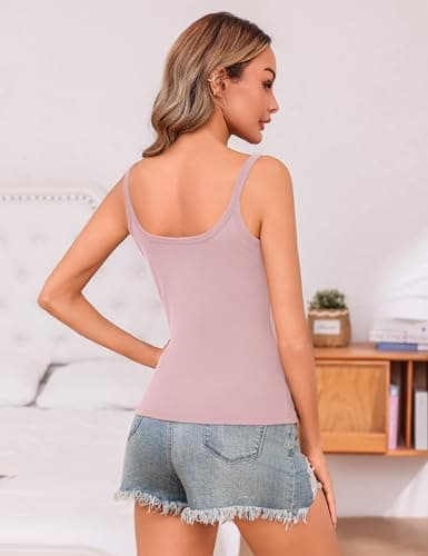 Totatuit Women Basic Ribbed Tank Top Sexy Spaghetti Strap Camisole Cami Slim Fitted Sleeveless Summer Shirts for Teen Girls Cute Scoop Neck Yoga Gym Workout Tanks Pink Medium - Thumbnail 3