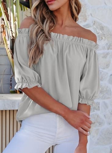 EVALESS Short Sleeve Shirts for Women Dressy Tops Smocked Off The Shoulder Chiffon Blouses Spring Summer Clothes Fashion 2026 Business Casual Outfits Work Gray Shirts Ladies Tops and Blouses, X-Large - Thumbnail 3