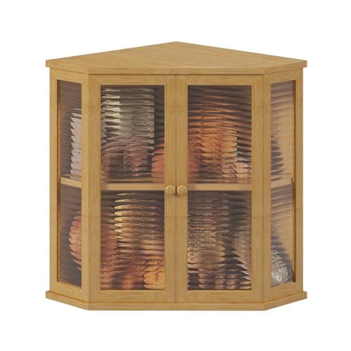 WouZglk Extra Large Corner Bread Box for Kitchen Countertop, 16.5 inch Bamboo Double Layer Bread Storage with Glass Wavy Door Panel, Eco-Friendly and Stylish Design(Bamboo) - Image 1