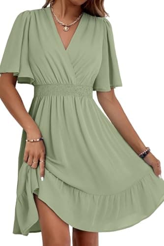 Dokotoo Summer Dresses 2026 Trendy Casual Deep V Neck Elegant Ruffle Mini Dress Waist Dresses Outfits Dresses for Women Party Wedding Guest Sundresses Vacation Beach Mini Dress Laurel Green XX-Large - Image 1