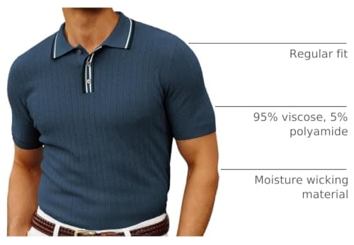 PJ PAUL JONES Polo Shirts for Men Knitted Textured Polo Shirts Collared Knit Polo T-Shirts for Men Night Out Blue M - Thumbnail 4