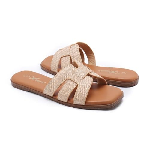 Athlefit Women's Flat Sandals Dressy Summer Square Open Toe Comfortable Slip On Leather Raffia Slide Sandals Size 11 - Thumbnail 5