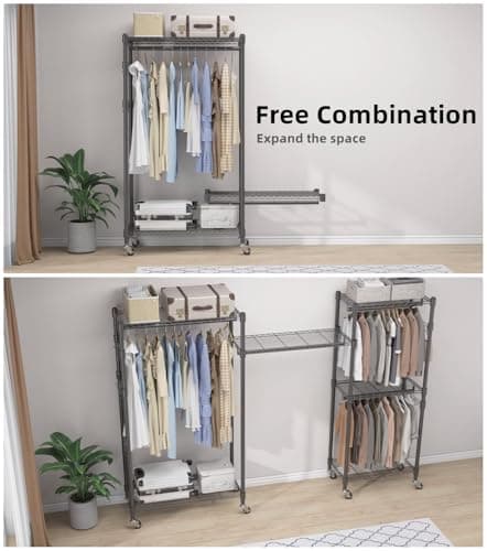 BATHWA Rolling Tall Garment Rack with 2 Rods & 3-Tier Adjustable Shelves, 35.5" W x 16.5" D x 80.7" H, Heavy Duty Clothes Hanging Racks Portable Wardrobe Closet Organizer for Bedroom, Laundry, Black - Thumbnail 5