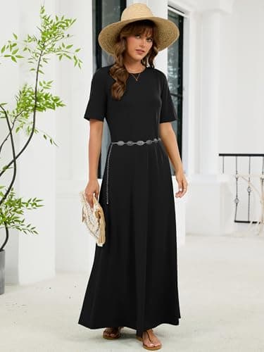 KORSIS Women's Summer Black XL Dresses Short Sleeve Casual Long T-Shirt Dress Loose Flowy Beach Vacation Sundress with Pockets - Thumbnail 3