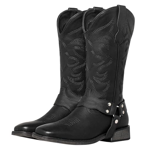 WrangWalker Square Toe Cowboy Boots for Women with Buckle Strap - Lightweight Wide Calf Western Cowgirl Boots with Cushion Insole, Black US 6 - Image 1