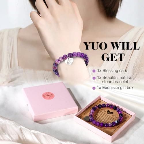 Encouragement Healing gifts,Natural Stone Amethyst Bracelet for Women ,Those Facing Illness or Anxiety to Get Well Soon, Inspirational Gifts on Thanksgiving Christmas Valentine's Day (Agate amethyst) - Thumbnail 2