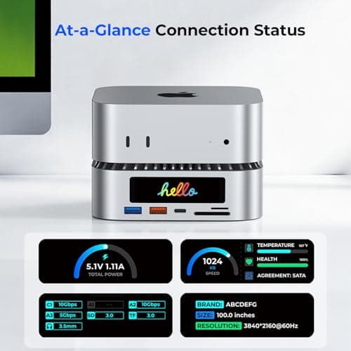RayCue All-in-One Dock for Mac mini M4 with Smart Displays, NVMe/SATA SSD Enclosure, 4K60Hz HDMI, 10G USB-A/C, 5G USB-A*2, USB-C Charging, SD/TF, Audio – Mac mini M4 HUB &Docking Station(2024) - Thumbnail 3