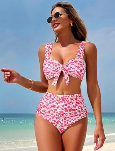 ZAFUL High Waisted Bikini Sets for Women Swim Suits 2026 Tummy Control Ruched Bikini Two Piece Bathing Suit Swimwear Pink Floral X-Large - Thumbnail 2