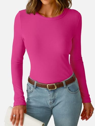 GKBK Womens Long Sleeve Ribbed Tops Slim Fitted Tight Basic T-Shirts Crewneck Layering Lightweight Fall Sweaters 2026 Fashion Outfits Light Hot Pink - Thumbnail 3