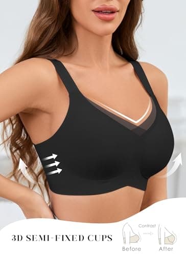 POSESHE Womens Wireless Bras V Mesh Comfortable Bralette Supportive Tshirt No Underwire Seamless Push Up Everyday Bra Black - Thumbnail 3