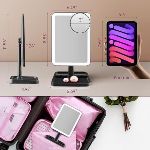 FUNTOUCH Vanity Mirror with Lights, Rechargeable 10X Magnification 3 Color Lighting Portable Tabletop Cosmetic Make Up Mirror, 360° Rotation Led Light up Mirrors with Storage,White - Thumbnail 2