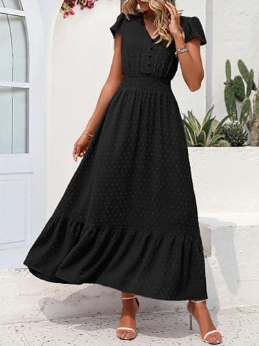 PRETTYGARDEN Womens 2026 Spring Swiss Dot Maxi Dress Short Sleeve V Neck Smocked Waist Ruffle Tiered Flowy Long Party Dresses(Black, Large) - Thumbnail 3