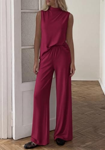 BTFBM 2 Piece Outfits For Women Airport Travel Summer 2026 Loose Mock Neck Sleeveless Wide Leg Pants Workout Lounge Sets(Burgundy, Small) - Thumbnail 4