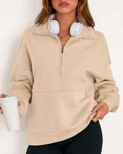 KIRUNDO Sweatshirt for Women 2026 Fall Half Zip Pullover Oversized Fleece Mock Neck Hoodies Fashion Outfits Winter Clothing(Beige, X-Large) - Thumbnail 5