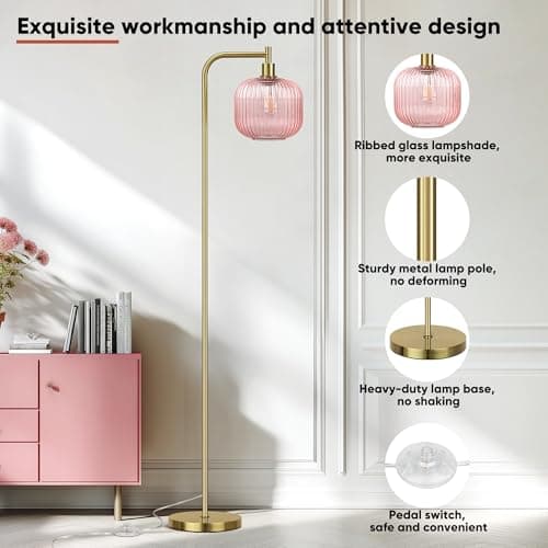 QiMH Glass Floor Lamp for Living Room, 67” Modern Standing Lamp with Pink Ribbed Glass Lampshade Pedal Switch Tall Lamp for Bedroom, Brushed Gold (2700K LED Bulb Included) - Thumbnail 6