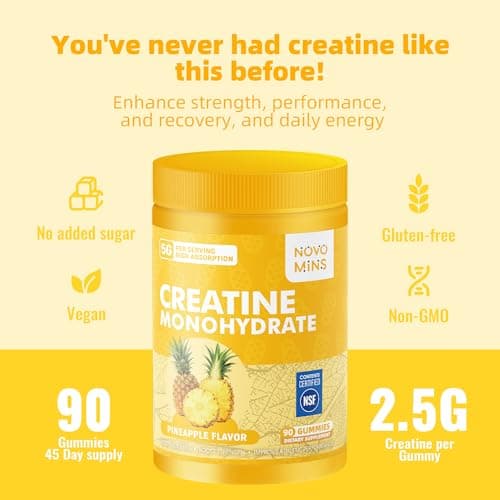 novomins Creatine Monohydrate Gummies for Men & Women, Chewables Creatine Monohydrate for Muscle Strength, Muscle Builder, Energy Boost, Pre-Workout Supplement(90 Count)-Pineapple Flavor. - Thumbnail 5