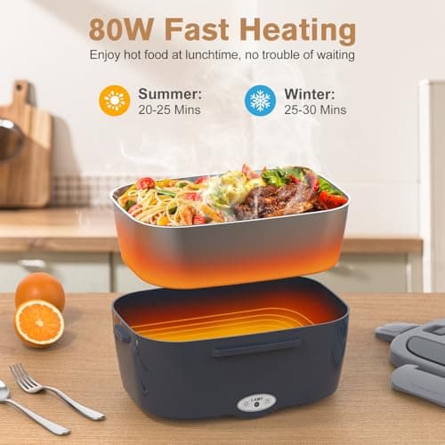 Vabaso Electric Lunch Box for Adults, 80W Heated Lunch Box with Dual 1.5L Stainless Steel Containers, Portable Food Warmer for Men Work Car Truck, 12V/24V/110V/220V - Eternal Gray - Thumbnail 3