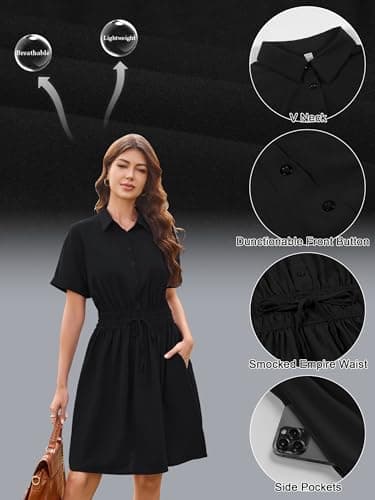 ECOWISH Spring Button Mini Shirt Dresses for Women V Neck Short Sleeve Petite Work Casual Smocked Empire Waist Dress Pockets Black Medium - Thumbnail 6