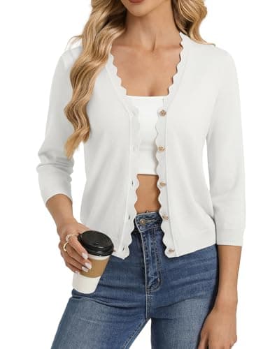 GRACE KARIN Cropped Cardigans for Women Trendy, 3/4 Sleeve Bolero Shrugs, Button Up Dressy Casual Summer Outfits White - Image 1