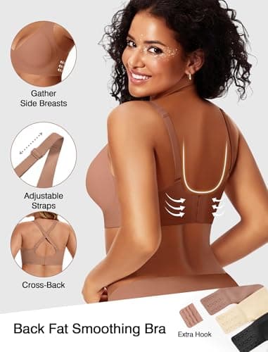 VRVOICE Jelly Wireless Bras for Women Push Up Deep V No Underwire Seamless Plunge Bralettes Comfort Supportive Tshirt Bra, Coffee Medium - Thumbnail 3