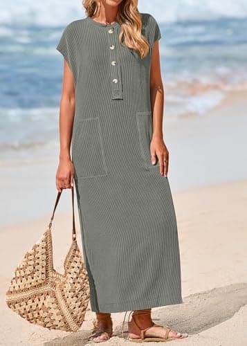 KIRUNDO Womens Summer Dresses 2026 Spring Ribbed Knit Henley Short Sleeve Maxi Dress Button Up Loose Beach Vacation Sundress(Grey, X-Large) - Thumbnail 3