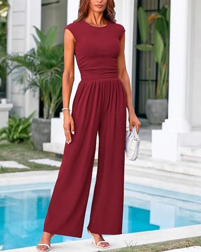 PRETTYGARDEN Women's Summer 2 Piece Set Cap Sleeve Ribbed Knit Ruched Fitted Tops Pleated Flowy Long Pant Matching Sets(Wine Red,Large) - Thumbnail 2