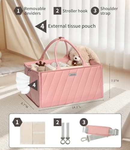 VKSAO Pink Diaper Caddy Organizer – Portable Storage Basket with Shoulder Strap & Stroller Hooks, Splashproof Quilted Nursery & Car Tote for Baby Girl Shower Gift, Baby Registry, Blush Pink - Thumbnail 4