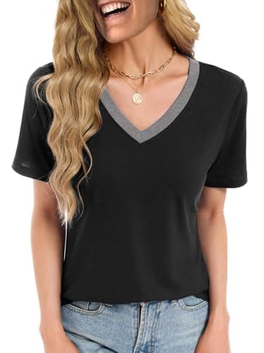 Womens T Shirts Summer Tops Short Sleeve V Neck Dressy Casual Blouses Business Oversized Tunic Vacation Boho Outfits, Black/Grey S - Image 1