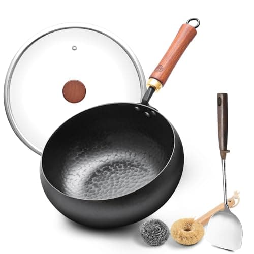 WANGYUANJI 9.5" Carbon Steel Wok - [Heavy-Duty & Thickened Base] - Deep Bowl Stir Fry Pan for Induction, Electric & Gas - Warp-Resistant, Splatter-Free Design with Lid (1-2 Person)